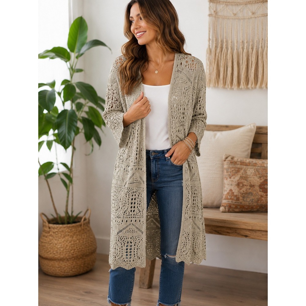 Chelsea & Theodore Womens 1X Open Knit Cardigan Duster Longline Light Layer Boho